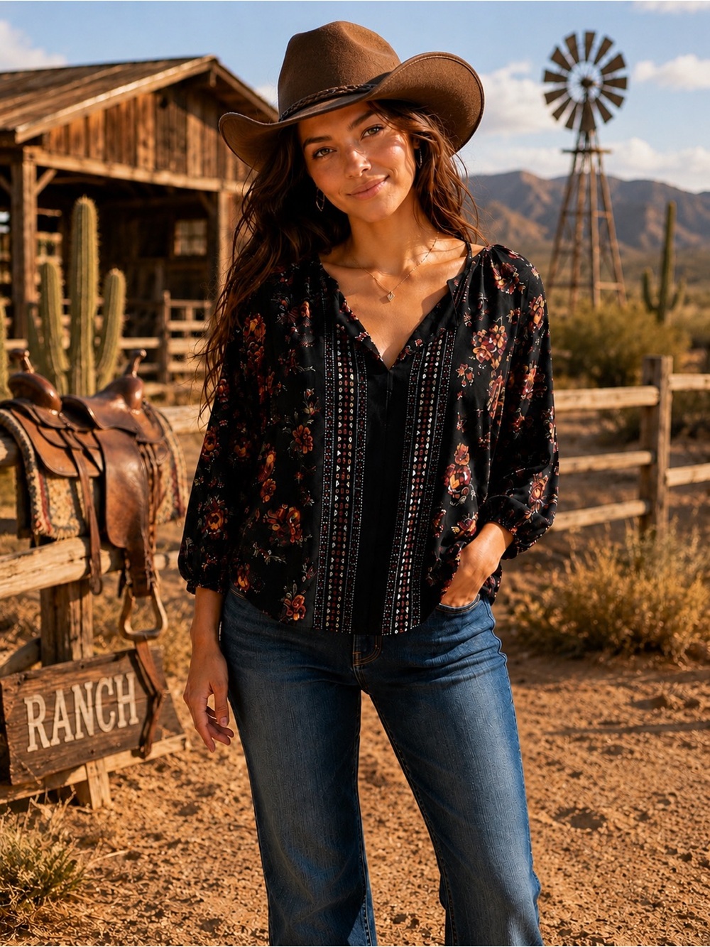 109) Roper Black Floral Boho Tunic Top | Western Cottagecore Peasant Blouse